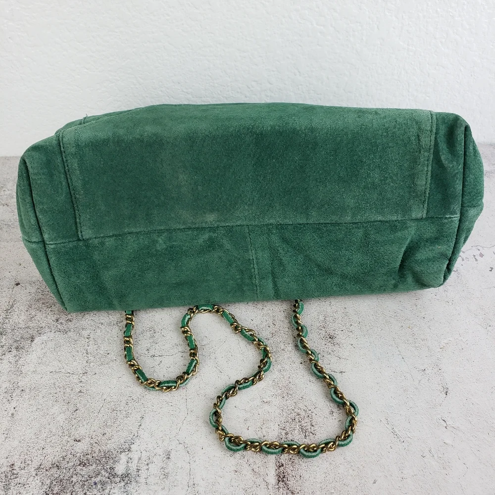 Vintage Suede Leather Purse Bag Emerald Green Crossbody Big Mouth Chain Strap